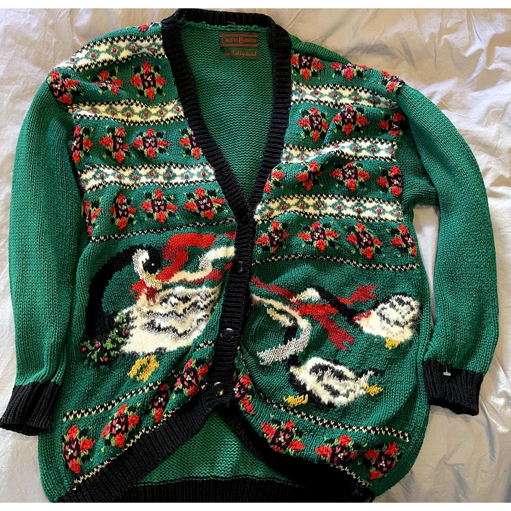 Vintage Cotton Hand Knit Christmas Sweater Geese Poinsettia sz. S